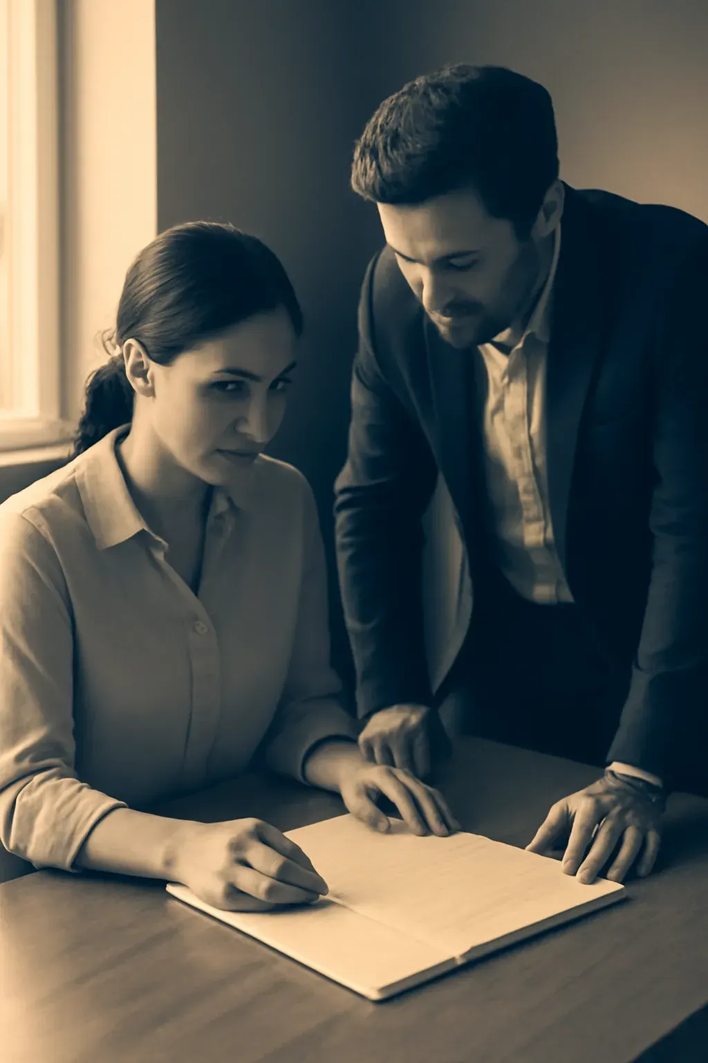 Two or three people working at a desk with documents and a laptop, duotone.