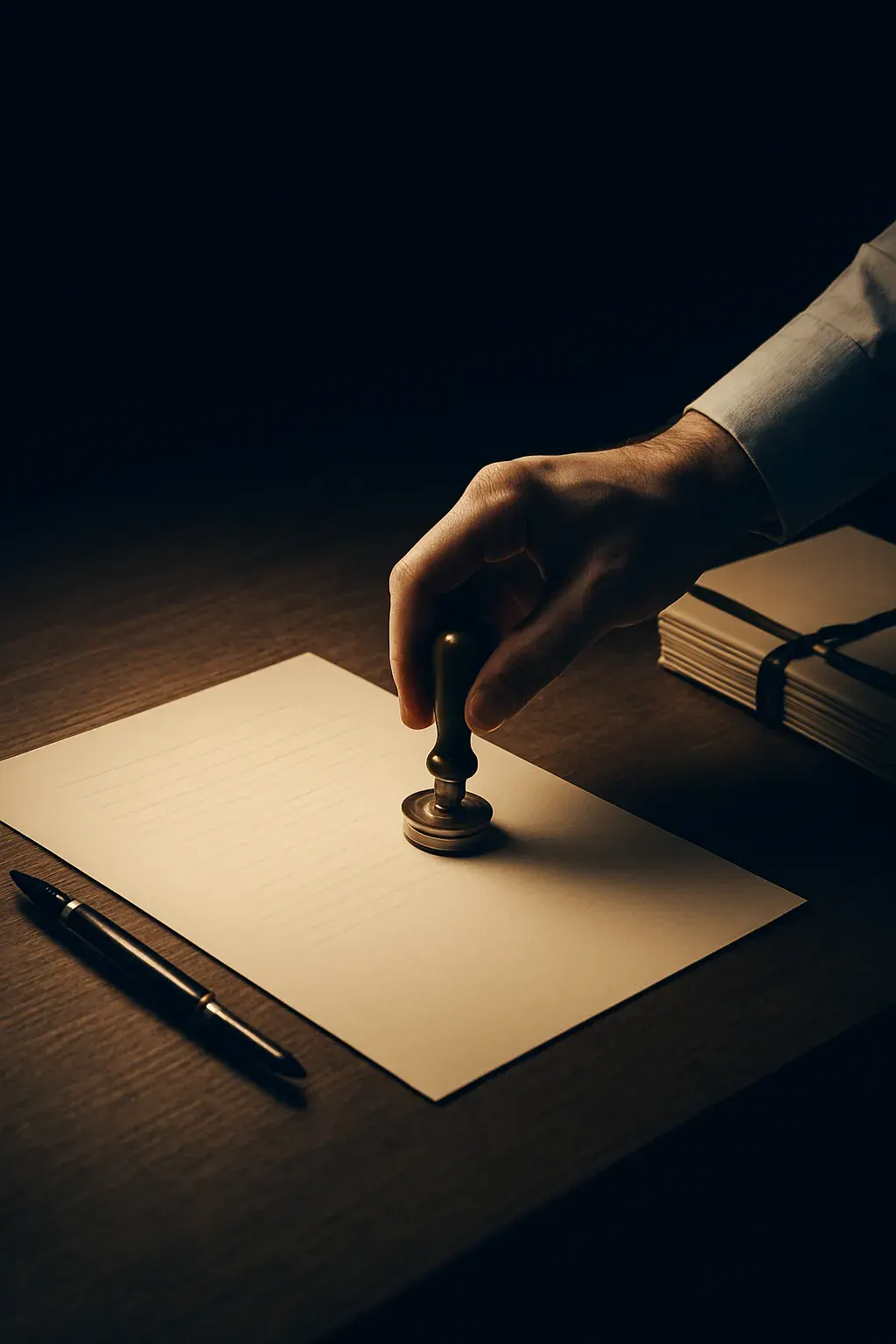 A desk with a stamped, signed translation and a fountain pen, duotone ink-navy and brass.
