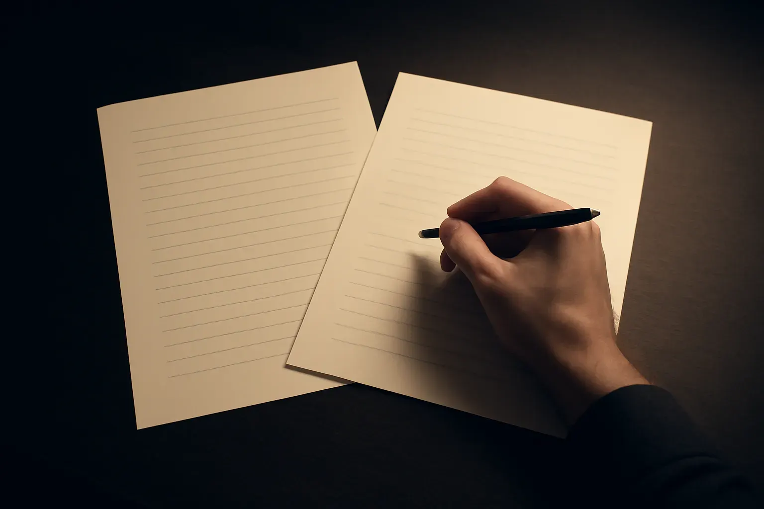 A close-up of a document being reviewed and marked, duotone.