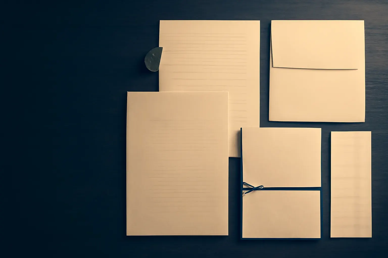 A row of stamped and bound documents on a dark desk, duotone.
